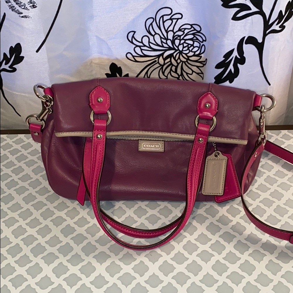 Purple & Pink Coach fold over bag w. Crossbody strap